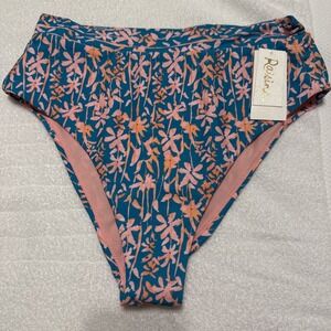 Raisins Tropic High-Waisted Bikini Bottoms Floral Print Teal Pink L New